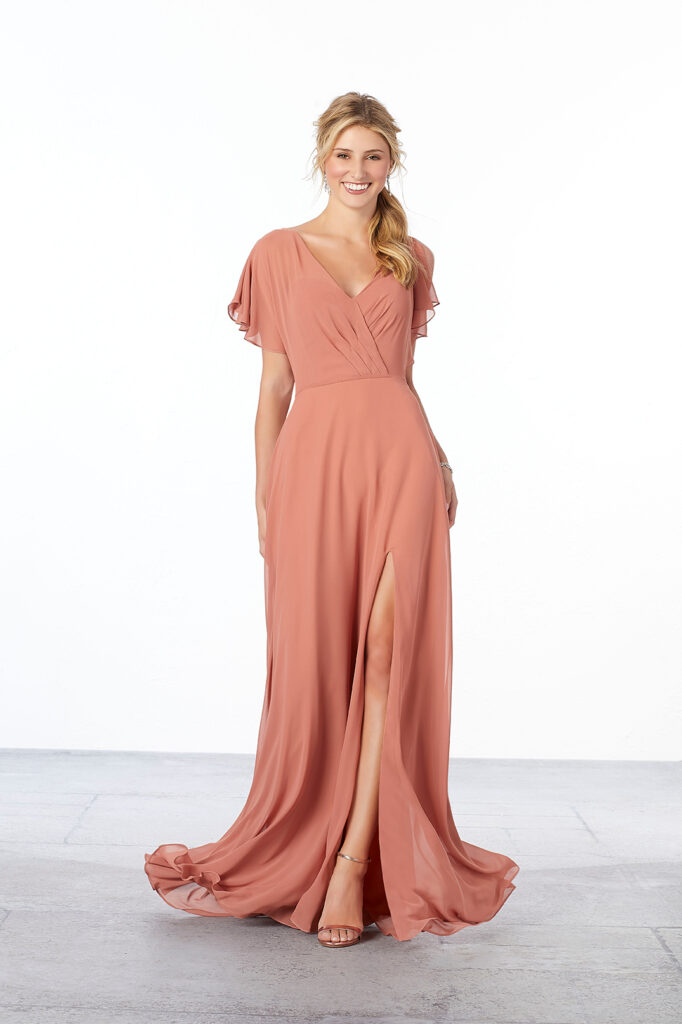 Chiffon-Bridesmaid-Dress-with-Flutter-Sleeve-and-Front-Slit