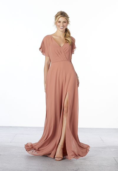 Chiffon-Bridesmaid-Dress-with-Flutter-Sleeve-and-Front-Slit-feature